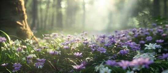 Aufkleber - Soft purple flowers of the sleep grass in a spring forest create a charming scene with copy space image