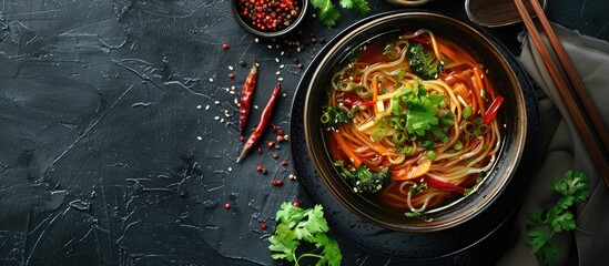 Poster - Vegetable noodle soup served with stir fried ingredients and a rich broth in a well composed arrangement with copy space image