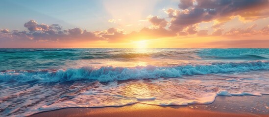 Poster - Beautiful summer beach landscape at sunset with vibrant colors reflecting in calm waves featuring a serene Mediterranean coast with a scenic horizon view and a soft sandy beach perfect for a copy spa