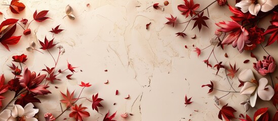 Aufkleber - A detailed view showing flowers and fresh maple leaves against a backdrop of a blank space for image placement. . image with copy space
