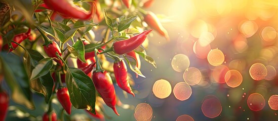 Poster - Fresh chilies grow on a tree in a close up image with a blurred background highlighting the vibrant colors and textures creating a dynamic copy space image