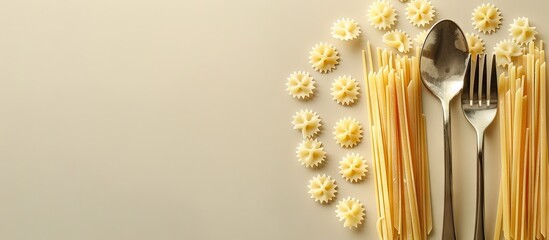 Poster - Italian pasta spoon and fork arranged in a composition with copy space image allocated