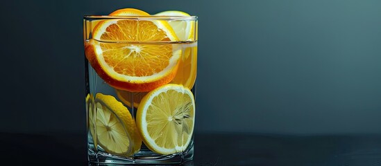 Poster - Freshly sliced oranges and lemons arranged on glass with copy space image available