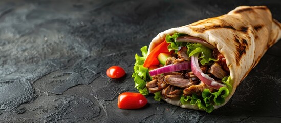 Poster - Shawarma sandwich gyro on lavash pita bread with chicken lamb or beef shawarma a traditional Eastern snack in a copy space image