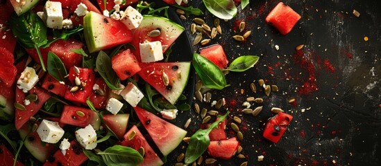 Poster - Close up of a tasty salad featuring watermelon feta basil arugula and sunflower seeds with copy space image