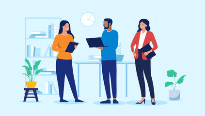 Leinwandbilder - Office people with computers - Team of three business people standing holding laptops in hand talking and discussing work and project while smiling. Flat design vector illustration on blue background