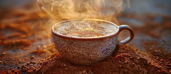 Poster - Close up of a beautiful coffee cup with a steaming brew of ground coffee ideal for a copy space image