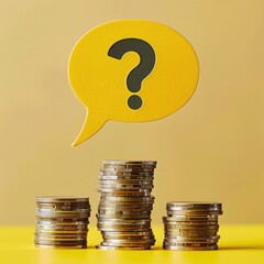 Aufkleber - A yellow speech bubble with a question mark balancing on multiple stacks of coins. 