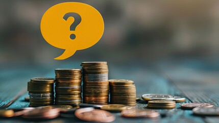 Aufkleber - A yellow speech bubble with a question mark balancing on multiple stacks of coins. 