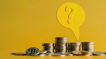 Aufkleber - A yellow speech bubble with a question mark balancing on multiple stacks of coins. 