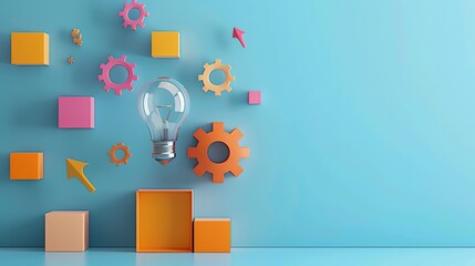 Poster - A lightbulb, gears and cubes are in front of a blue wall.