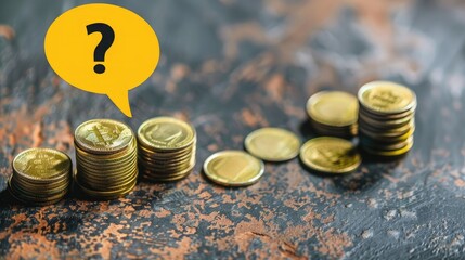 Aufkleber - A yellow speech bubble with a question mark on top of distinct coin stacks.