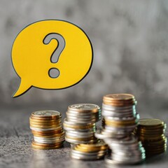 Aufkleber - A yellow speech bubble with a question mark placed over stacks of coins, representing budget uncertainty. 