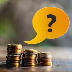 Aufkleber - A yellow speech bubble with a question mark placed over a stack of coins, with a blurred background.