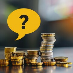 Aufkleber - A yellow speech bubble with a question mark placed over a stack of coins, with a blurred background.