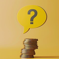 Aufkleber - A yellow speech bubble with a question mark sitting atop a large stack of coins. 