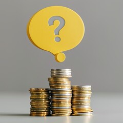 Aufkleber - A yellow speech bubble with a question mark sitting atop a large stack of coins. 