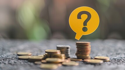Aufkleber - A yellow speech bubble with a question mark sitting on different levels of coin stacks. 