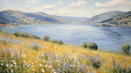 Wall Mural - Scenic summer landscape with wildflowers beside a serene river and rolling hills