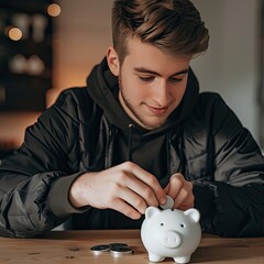 Aufkleber - A young man inserting a coin into a white piggy bank, showing his commitment to investing for the future. 