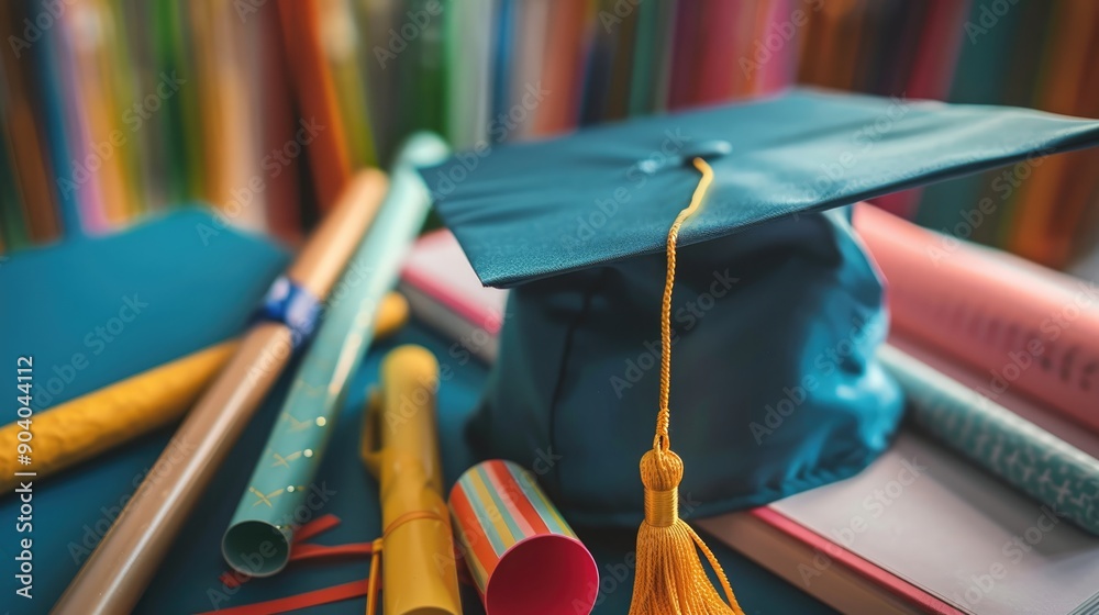 Graduation cap with tassel on a table with rolled up diplomas and books ...