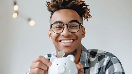 Poster - A young man smiling as he deposits a coin into a white piggy bank, highlighting the concept of building savings. 