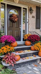 Wall Mural - fall front porch with pumpkins and mums, fall colors, autumn decorations, cozy home decor, front door decorated for the season, steps filled with gourds and flowers, beautiful front garden