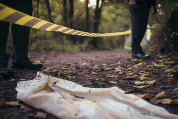 Murder scene in forest Detectives and forensics on murder crime scene collecting evidence