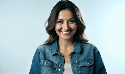 Wall Mural - Medium shot portrait video of a satisfied woman in her 40s that is wearing a denim jacket against a white background