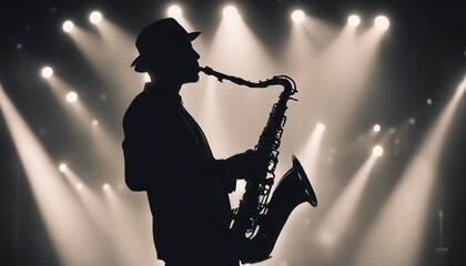 silhouette of a man playing saxophone on stage in front of spotlights, stylish and cool look
