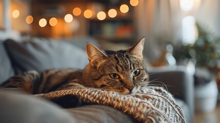 Poster - A tabby cat is laying on a couch.