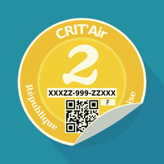 Crit'air yellow classification 2 sticker for polluting cars of the French Republic with a fold in flat design style on blue background with long shadow