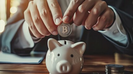 Poster - Close-up of a young businessman's hands holding a coin above a piggy bank, about to deposit it for savings. 