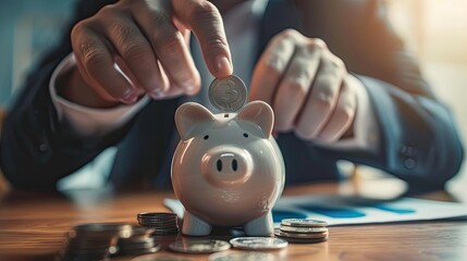 Poster - Close-up of a young businessman's hands holding a coin and depositing it into a piggy bank, representing strategic saving. 