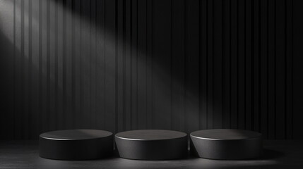 three black round presentation podiums on black background