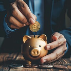 Poster - Close-up of a young businessman's hands holding a coin and inserting it into a piggy bank, symbolizing the journey to financial success. 