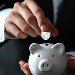 Poster - Close-up of a young businessman's hands holding a coin and depositing it into a piggy bank, representing strategic saving. 