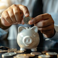 Poster - Close-up of a young businessman's hands holding a coin and depositing it into a piggy bank, representing strategic saving.
