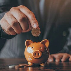 Poster - Close-up of a young businessman's hands holding a coin above a piggy bank, about to deposit it for savings.