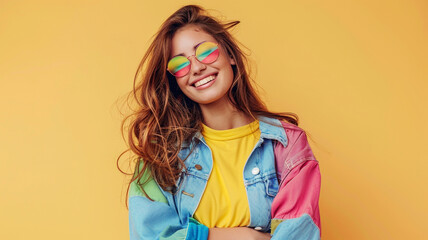 Wall Mural - Happy optimistic woman in colorful clothes isolated on yellow background