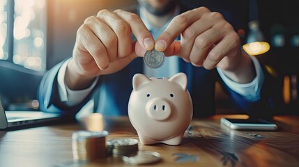 Poster - Close-up of a young businessman's hands holding a coin over a piggy bank, demonstrating the concept of financial planning. 