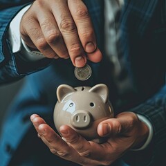 Poster - Close-up of a young businessman's hands holding a coin over a piggy bank, demonstrating the concept of financial planning. 