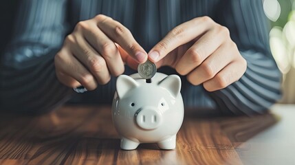 Poster - Close-up of a young businessman's hands inserting a coin into a piggy bank, demonstrating a commitment to building wealth. 