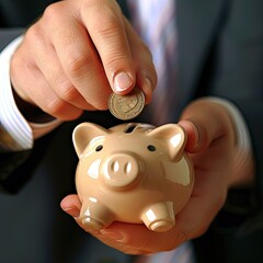 Poster - Close-up of a young businessman's hands inserting a coin into a piggy bank, highlighting financial discipline. 