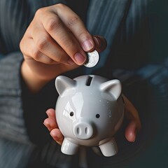 Poster - Close-up of a young businessman's hands inserting a coin into a piggy bank, highlighting financial discipline. 