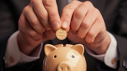 Poster - Close-up of a young businessman's hands inserting a coin into a piggy bank, highlighting financial discipline.