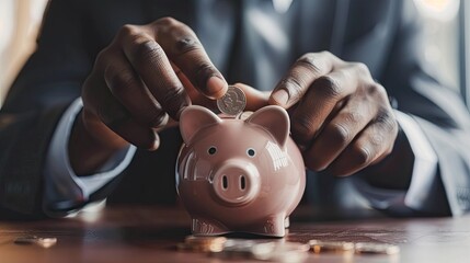 Poster - Close-up of a young businessman's hands placing a coin into a piggy bank, showcasing the importance of saving.
