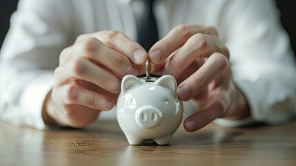 Poster - Close-up of a young businessman's hands placing a coin into a piggy bank, showcasing the importance of saving. 