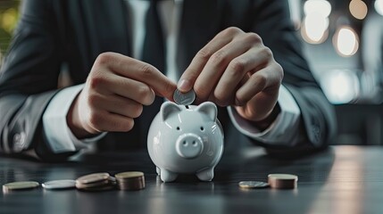 Poster - Close-up of a young businessman's hands placing a coin into a piggy bank, illustrating careful saving habits. 