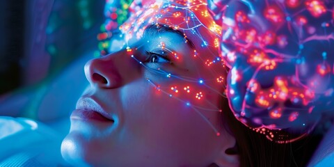 Aufkleber - A patient undergoing a brain PET scan overlaid with neurotransmitter maps, showcasing neurological diagnostic imaging